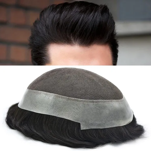 Miniatura 12 de Tupé para hombre, pieza de cabello humano real, encaje francés con piel de poliéster alrededor del sistema de cabello, 8 x 10 pulgadas, unidad
