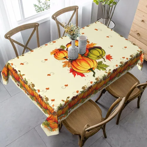 Miniatura 3 de Mantel de Otoño de Acción de Gracias con Hojas de Calabaza, Mantel Rectangular Lavable de Cuadros Rústicos para Decoración de Cocina y Comedor