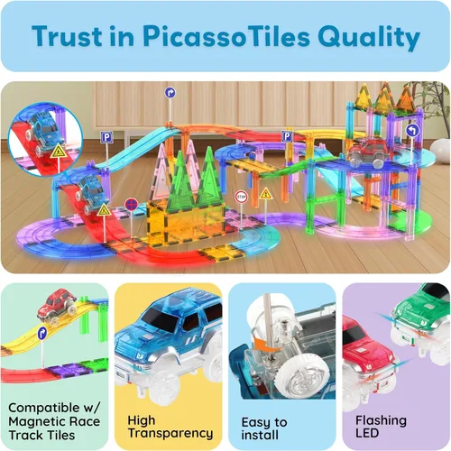 Miniatura 8 de PicassoTiles Juego de 3 autos de juguete magnéticos con luz LED, altamente detallado, compatible con imán, carreras, pistas de carreras, accesorios