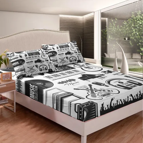 Miniatura 4 de Erosebridal Juego de sábanas tamaño matrimonial de instrumentos musicales, sábanas de piano clásico, juego de cama blanco y negro, juego de sábanas