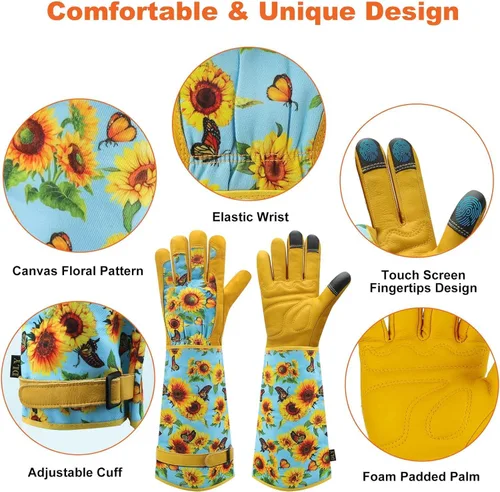 Miniatura 2 de DLY Guantes de jardinería para mujeres, guantes para rosas resistentes a espinas, guantes largos de jardín para mujeres, guantelete de cuero vacuno
