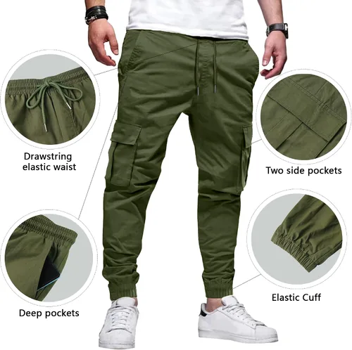 Miniatura 3 de LVCBL Pantalones cargo de algodón para hombre con cordón en la cintura, pantalones cargo ajustados