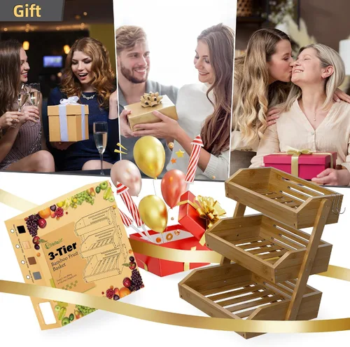 Miniatura 5 de Cesta de frutas de bambú de 2 niveles para encimera de cocina, encimera de almacenamiento de frutas de gran capacidad, soporte para frutas