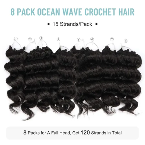 Miniatura 3 de Cabello de ganchillo Ocean Wave - 8 pulgadas, 8 paquetes de cabello de ganchillo corto rizado negro natural, extensiones de cabello sintético