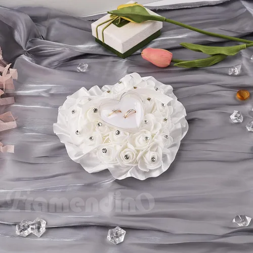 Miniatura 6 de Framendino, Forma de corazón blanco anillo de boda almohada elegante decoración cojín portador caja con lazo de cinta