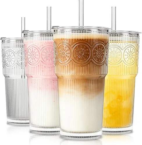 Miniatura 13 de SoulTimes Vaso de vidrio de flor de begonia de 20 onzas con tapas y popotes, 2 tazas de vidrio para café helado para batidos, matcha, jugo, agua