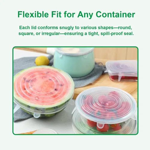 Miniatura 4 de Tapas elásticas de silicona – Paquete de 6 fundas reutilizables para alimentos, silicona flexible para cuencos, recipientes, frutas, sello hermético
