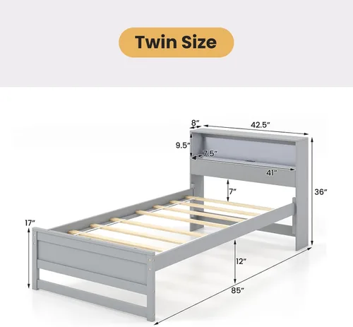 Miniatura 2 de Giantex Base de cama individual con cabecera de almacenamiento, plataforma de madera con estación de carga y luz LED, cama individual con soporte