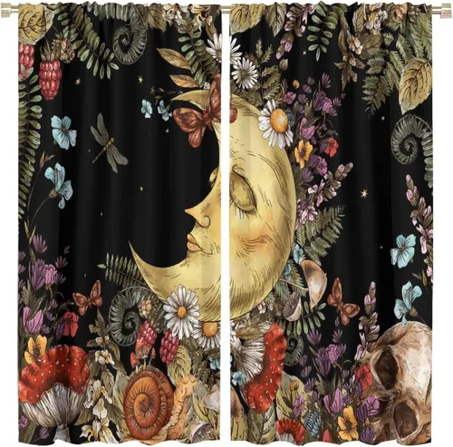 Cortinas opacas estilo bohemio, luna, vintage, sol y luna, calavera, hippie, hongo, floral, con bolsillo para barra, cortinas de ventana para sala