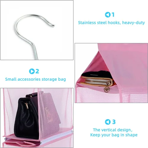 Miniatura 6 de KEEPJOY Organizador de bolso para armario, organizador de bolso colgante con 4 estantes de malla de alta resistencia (rosa)