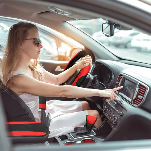 Miniatura 2 de Riakrum 30 piezas de set de accesorios para automóvil rojo y negro, cubierta de volante de cuero PU, accesorios para interior de auto, regalo, tiras