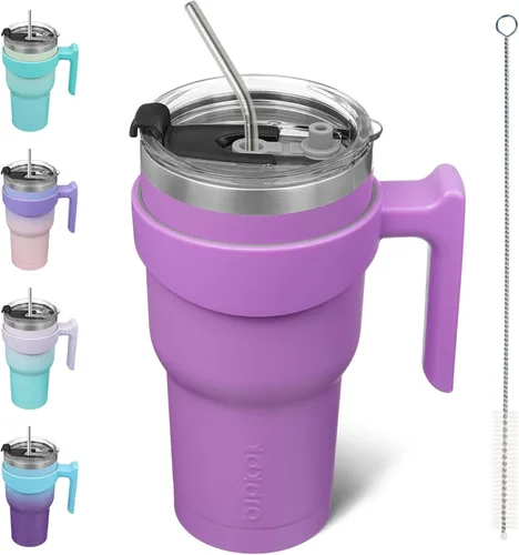 Miniatura 52 de BJPKPK Vaso con asa de acero inoxidable de 20 onzas, con aislamiento de doble pared, con tapa y pajita, color rosa claro A-rosa claro