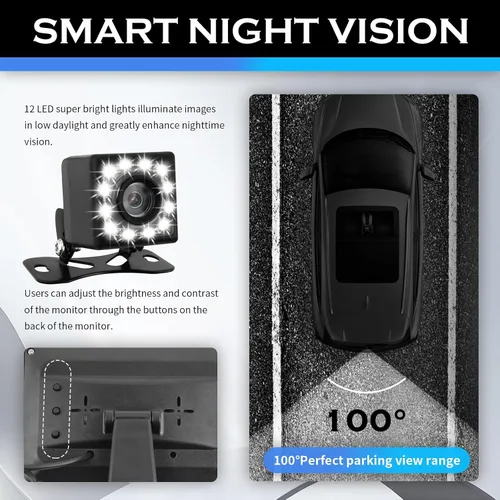 Miniatura 5 de Cámara de respaldo de 12 LED con monitor de 4.6 x 3.5 pulgadas, HD 150° gran angular para automóvil, con función de visión nocturna, cámaras