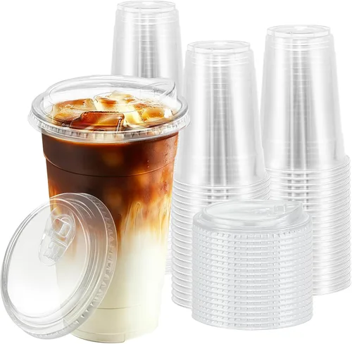 Miniatura 13 de BYSNOW Paquete de 100 vasos de plástico transparente de 16 onzas con tapas, tazas desechables para café helado con tapas para sorber, vasos
