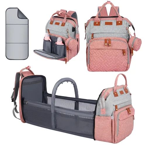 Miniatura 12 de Bolsa de pañales, artículos esenciales para bebés, mochila multifuncional de gran capacidad, el mejor regalo para recién nacidos con estación de Rosa