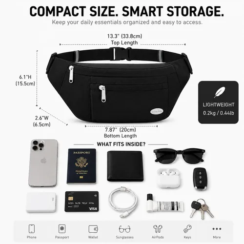 Miniatura 2 de Entchin Riñonera para mujeres y hombres, bolsa cruzada con 4 bolsillos con cremallera, bolsa de cintura ajustable, uno de los regalos esenciales