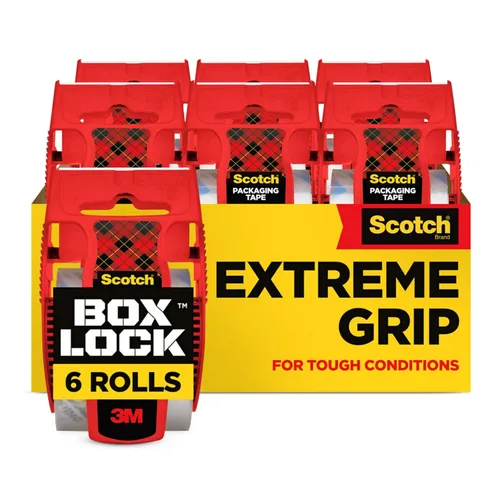 Cinta de embalaje Scotch Box Lock, cinta de embalaje transparente, cinta adhesiva de agarre extremo para cajas de envío navideño, 1.88 pulgadas x