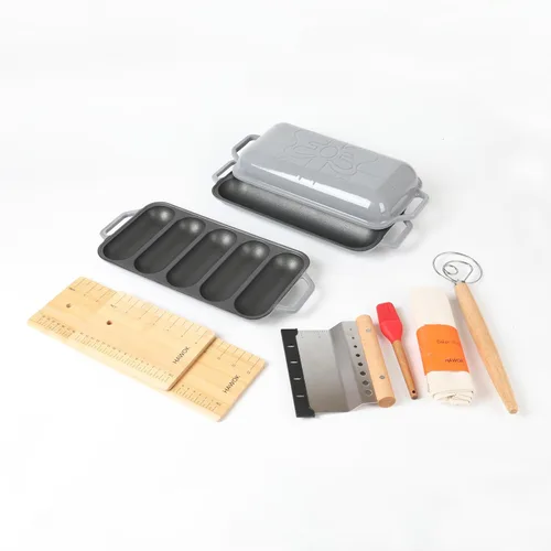 Miniatura 9 de HAWOK Pan de baguette de hierro fundido pre-sazonado, juego de hornear 3 en 1 con bandeja completa de baguette, mini bandeja de 5 ranuras y bandeja