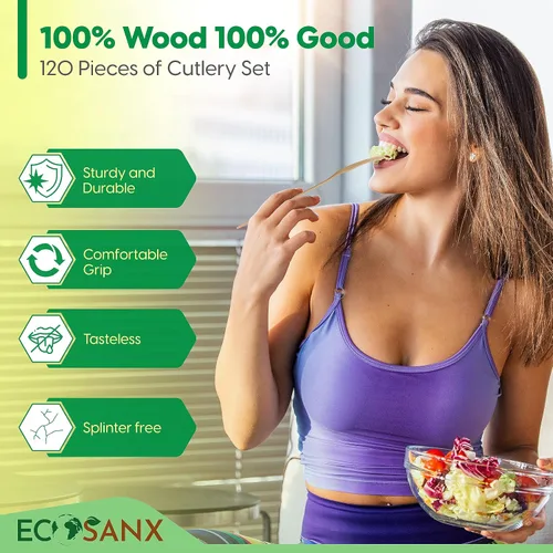 Miniatura 5 de ECOSANX® 120 piezas de tenedores de madera para comer de 16.5 cm libres de astillas, compostables, juego de cubiertos de madera ecológico