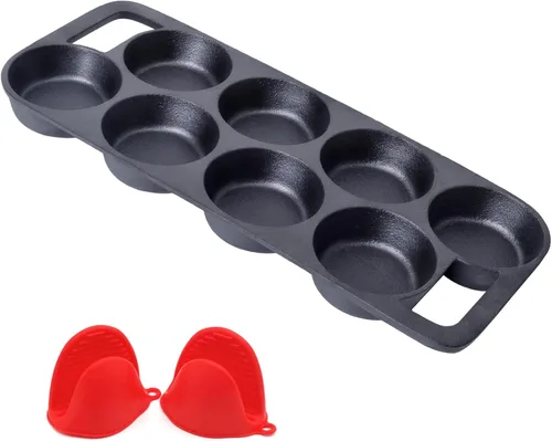 Miniatura 8 de YOLOPLUS+ Molde para magdalenas de hierro fundido pre-sazonado con guantes resistentes al calor, 11.2 pulgadas, 7 tazas de bandeja para galletas