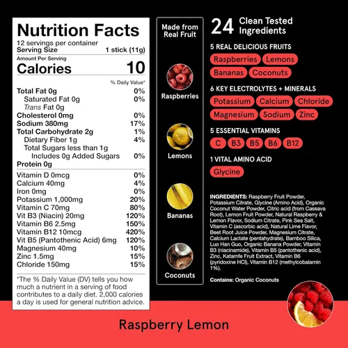 Miniatura 7 de DryWater® Paquetes de polvo de hidratación de electrolitos + vitaminas, limón de frambuesa (sin estevia), 1,000 mg de potasio, fruta orgánica real
