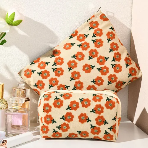 Miniatura 7 de SOIDRAM 2 piezas de bolsa de maquillaje con flores, gran bolsa de cosméticos de corduroy de gran capacidad, bolsa de lona mixta, bolsa de viaje
