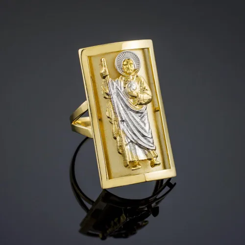 Miniatura 2 de Anillo de escudo largo de San Judas de oro bicolor sólido de 10k (0.500 x 0.898 in)