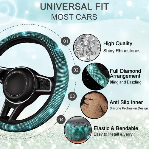 Miniatura 5 de NBTEPEM Juego completo de alfombrillas brillantes para piso de automóvil y funda para volante, ajuste universal para la mayoría de los automóviles