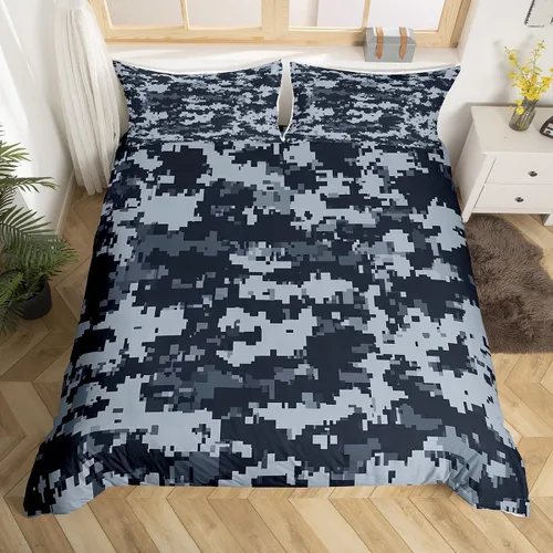 Miniatura 18 de Juego de funda de edredón con estampado de camuflaje, tamaño individual, funda de edredón reversible de geometría azul, gris, morado (no edredón)