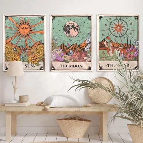 Miniatura 2 de Aipon Tapiz de Tarot Lindo Juego de 3 Tapices de Tarot Sol Luna Estrella Floral Verde Pequeña Tapicería Estética para Colgar en la Pared