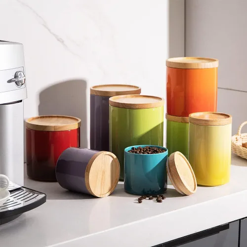 Miniatura 5 de Sweejar Tarro de cerámica para almacenar alimentos, recipientes de cocina apilables, recipientes con tapa de madera hermética para servir café Azul