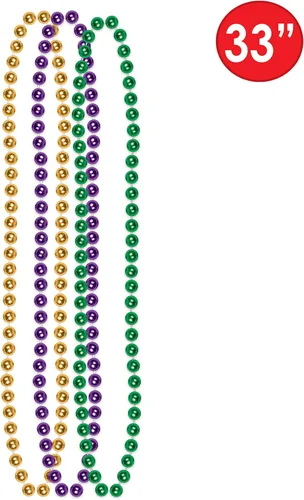 Miniatura 3 de Beistle Collares de cuentas Mardi Gras, 12 piezas para recuerdos de fiesta, 33 pulgadas, oro/verde/morado