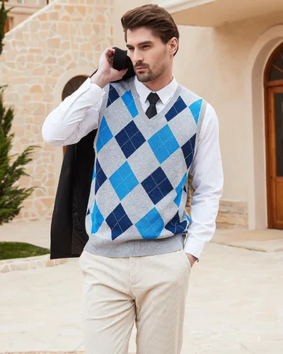 Miniatura 8 de Kallspin Suéter tipo chaleco con rombos para hombre, mezcla de lana, cuello en V, sin mangas