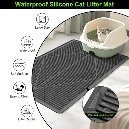 Miniatura 4 de Mofason Tapete de goma para arena para gatos, tapete para caja de arena para gatitos, tapete de silicona para atrapar arena, suministros y Negro