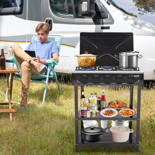 Miniatura 4 de Estufa de Gas de 5 Quemadores, Estufa de Gas Natural Portátil para Acampar al Aire Libre Estufa de BBQ Cocina de Gas con Estante de Almacenamiento