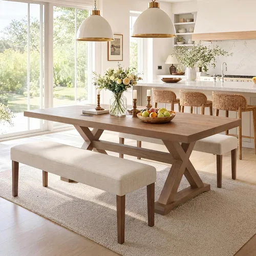 Miniatura 8 de HNY Asiento de banco de comedor tapizado de granja, banco de entrada de lino de 45 pulgadas con patas de madera negra, banco moderno de mediados