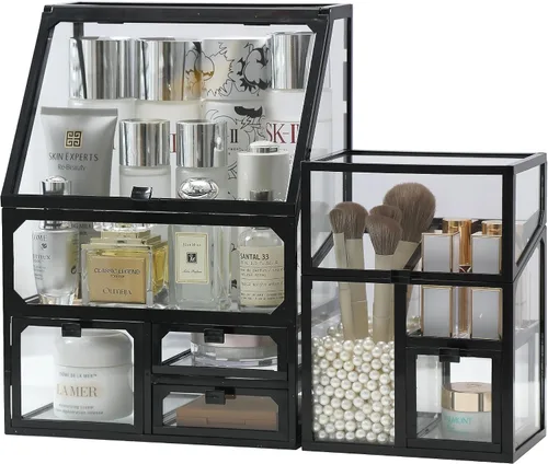 MOOCHI Organizador de maquillaje negro de 3 piezas para Vantity, vidrio, organizador de cuidado de la piel, cajones, organizador de cepillos,