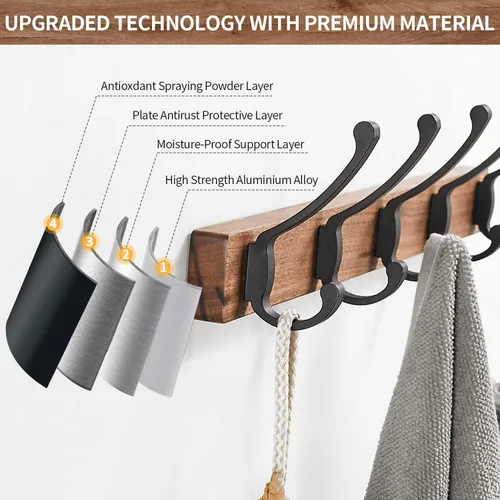 Miniatura 2 de Perchero de pared montado, estante de gancho de madera de nogal resistente con 5 ganchos dobles de metal para colgar abrigos, colgador de abrigos