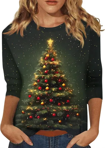 Miniatura 106 de Camisetas de manga 3/4 para mujer, cuello redondo, holgadas, casuales, con estampado floral, camisetas de moda para el trabajo de negocios