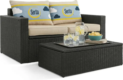 Miniatura 28 de Serta Laguna - Juego de muebles de patio para exteriores, 5 piezas, sillas reclinables de mimbre marrón con otomanas, cojines y mesa auxiliar