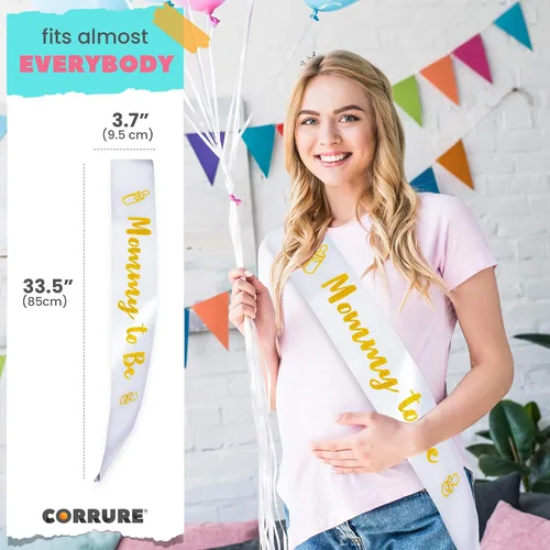 Miniatura 4 de CORRURE Banda para baby shower para niño o niña, banda con la frase "Mommy to Be" con hermosa cinta blanca y texto dorado con purpurina, ideal