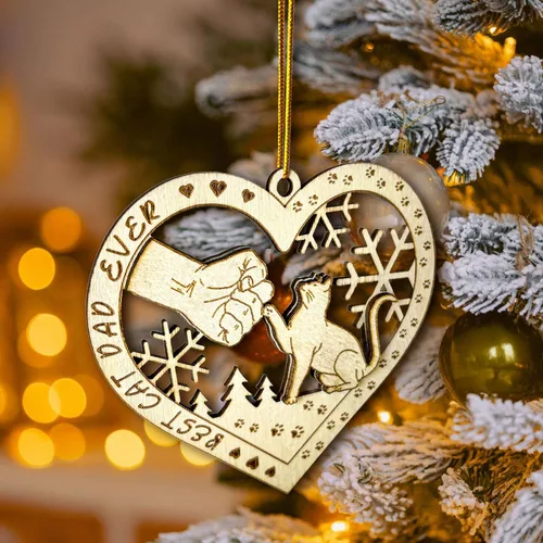 Miniatura 4 de Adorno de Madera Best Cat Dad Ever - Único para Amantes de Gatitos - Decoración Navideña en Forma de Corazón de Gato y Papá Chocando Puños - Adorno