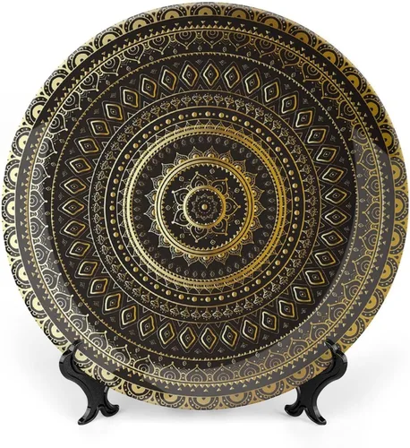 XISUNYA Plato decorativo de 6 pulgadas, porcelana redonda de mandala dorada, plato de exhibición de estampado floral indio oriental para mesa de
