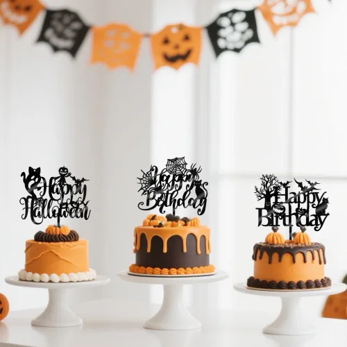 Miniatura 7 de 6 adornos acrílicos para tartas de Halloween, decoración de pastel de cumpleaños de Halloween, espeluznante con murciélago, calabaza, fantasma