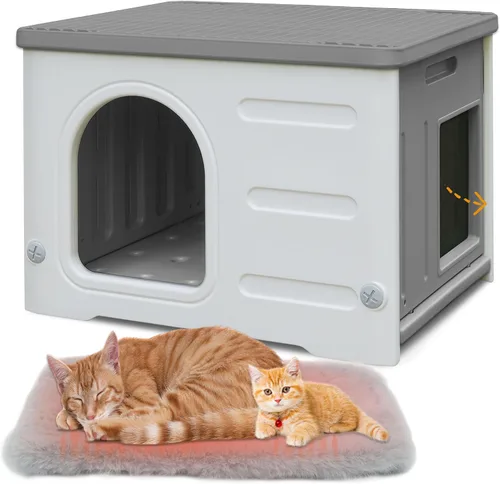 Casa impermeable para gatos al aire libre, casa de plástico para gatos con puerta de escape y alfombrilla suave, refugio grande para gatos de