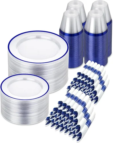 Miniatura 15 de BESTSTAR Juego de 175 platos desechables transparentes y negros para 25 invitados, 50 platos de plástico, 25 vasos, 25 servilletas preenrolladas