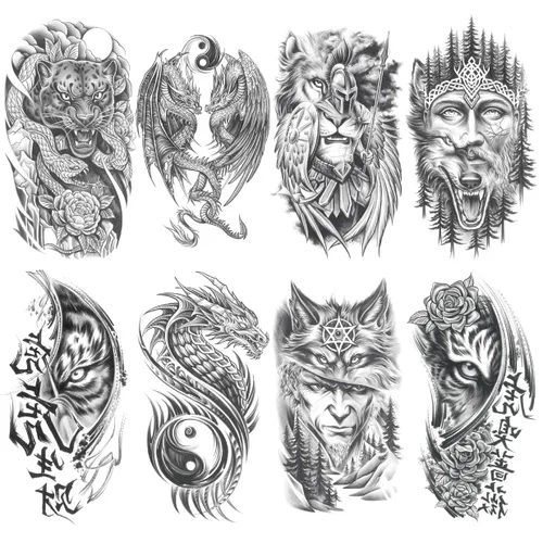 Miniatura 9 de 8 hojas de tatuajes temporales negros con flechas, brújulas, plumas, dragones, anclas, espadas, serpientes, árboles y flores para el brazo