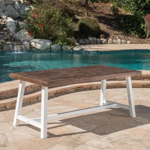 Miniatura 6 de Mesa de comedor de madera de chorro de arena marrón oscuro al aire libre con metal rústico blanco e