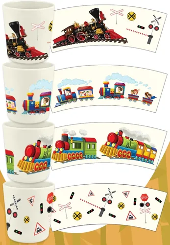 Miniatura 2 de Juego de 4 tazas de bambú para fiestas temáticas de tren y tren para niños, resistentes a los golpes, sin BPA, tazas abiertas, 8 onzas