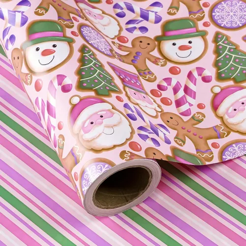 Miniatura 16 de WRAPAHOLIC - Papel de regalo de Navidad reversible, minirollo, 17 pulgadas x 33 pies, diseño de árbol de Navidad con letras “joy”, perfecto